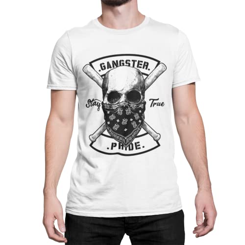 Premium Gangster Pride Herren T-Shirt Hardcore Totenkopf Schädel Skull Biker Tshirt Kurzarm Oberteil für Männer Vintage aus Baumwolle Regular Fit Schwarz Grau Blau S-5XL (Weiß, M) von knut Fashion & Streetwear
