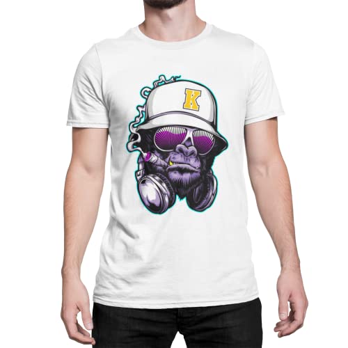 Premium Hip Hop Gorilla DJ Herren T-Shirt Unisex Affen Monkey Tshirt Kurzarm Oberteil für Männer Vintage aus Baumwolle Regular Fit Schwarz Rosa Gr. XS-XXXXXL (Weiß, XXXXL) von knut Fashion & Streetwear