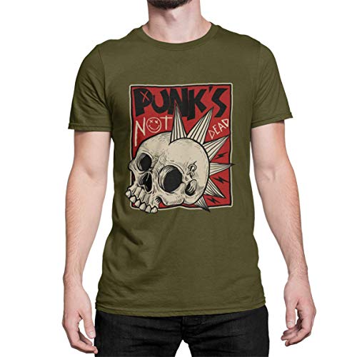 Punks not Dead Herren T-Shirt Hardcore Biker Shirt Totenkopf Schädel Rocker Tshirt Kurzarm für Männer Vintage aus Baumwolle Regular Fit Schwarz Weiß Grau Grün Gr. XS-5XL (Khaki Green, L) von knut Fashion & Streetwear