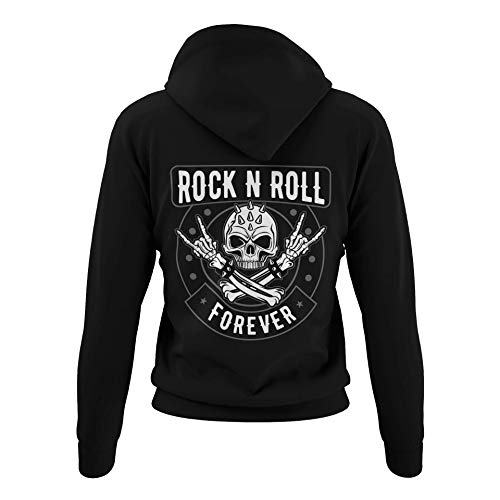 Rocker Damen Pullover mit Kapuze Rock n Roll Forever - Biker Kapuzenpullover Hoodie Frauen Mädchen für Rock Fans Heavy Metal Pommesgabel Regular Fit Baumwolle Schwarz Rose XS-3XL (Schwarz, L) von knut Fashion & Streetwear