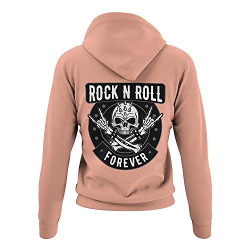 Rocker Damen Pullover mit Kapuze Rock n Roll Forever - Biker Kapuzenpullover Hoodie Frauen Mädchen für Rock Fans Heavy Metal Pommesgabel Regular Fit Baumwolle Schwarz Rose XS-3XL (Soft Rose, L) von knut Fashion & Streetwear