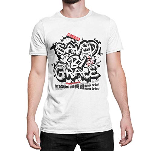 Saved by Grace T-Shirt Herren Graffiti Kurzarm Rundhals Oberteil Hip Hop für Männer Vintage aus Baumwolle Regular Fit Weiß Grau Gr. S-XXXXXL (Weiß, XXXXXL) von knut Fashion & Streetwear