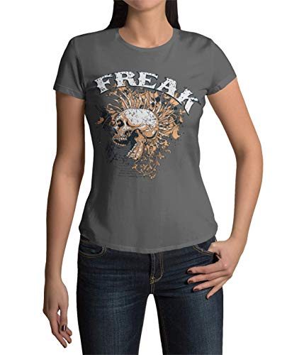 Statement Frauen Shirt Motiv Freak Damen T-Shirt Bedruckt mit Skull Totenschädel Punks Schwarz Grau Khaki Gr. S-3XL (Charcoal, S) von knut Fashion & Streetwear