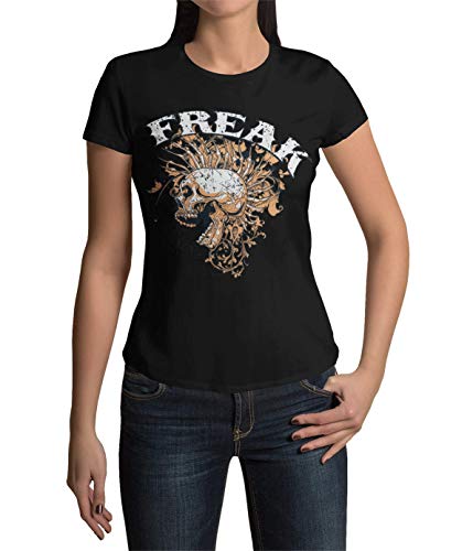 Statement Frauen Shirt Motiv Freak Damen T-Shirt Bedruckt mit Skull Totenschädel Punks Schwarz Grau Khaki Gr. S-3XL (Schwarz, L) von knut Fashion & Streetwear