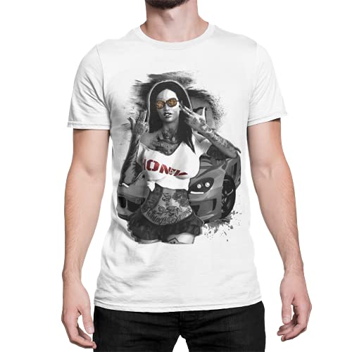 Statement Herren Tshirt Aufdruck Honey Inked Girl Männer Oberteil Kurzarm Tattoo Böses Mädchen La Familia Pin Up Print Shirt Moderne Sommer Kleidung Gr. S-5XL (Weiß, 3XL, 3X_l) von knut Fashion & Streetwear