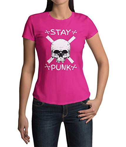 Stay Punk Totenkopf Schädel Skull T-Shirt Damen Kurzarm Rundhals Oberteil Punks für Frauen Vintage Top aus Baumwolle Regular Fit schwarz grün pink Gr. XS-XXXL… (Magenta Pink, XXL) von knut Fashion & Streetwear