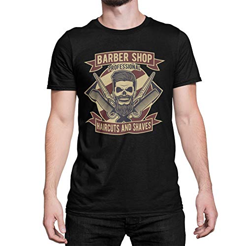 Stylisch Modernes Totenkopf Barbershop Herren T-Shirt Unisex Hardcore Schädel Skull Tshirt Kurzarm Oberteil für Männer mit Bart Vintage aus Baumwolle Regular Fit Schwarz Khaki S-5XL(Schwarz, XXXL) von knut Fashion & Streetwear