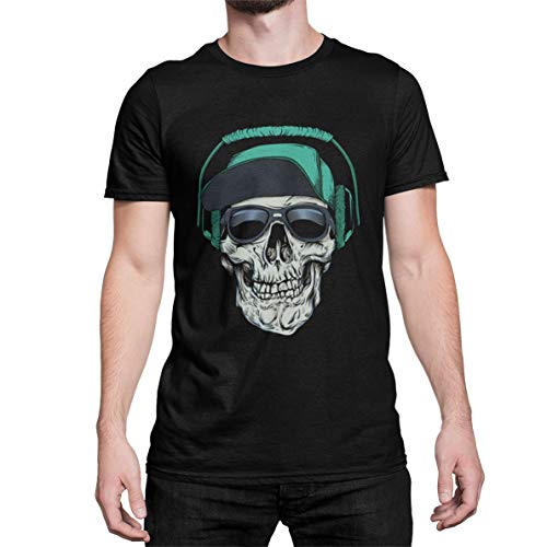 Stylisch Modernes Totenkopf DJ Herren T-Shirt mit Motiv Bedruckt Hardcore Schädel Tshirt Kurzarm Oberteil für Männer Vintage aus Baumwolle Geschenkidee Regular Fit Black Grey S-5XL(Schwarz, L) von knut Fashion & Streetwear