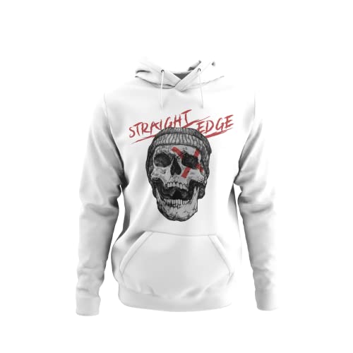 Stylisch modernes Herren Hoodie mit Druck -Straight Edge- Männer Kapuzenpullover Oberteil mit Totenkopf Skull Band Merch Rock N Roll Rockstar Bekleidung in den Gr. S - 5XL (L, Weiß) von knut Fashion & Streetwear