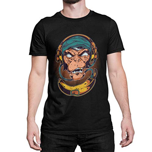 Stylisches Herren T-Shirt Bedruckt Motiv DJ Banana Monkey Tshirt Banane Gorilla Bekleidung Kurzarm Oberteil für Männer Vintage aus Baumwolle Geschenkidee Regular Fit Schwarz Grau S-5XL(Schwarz, M) von knut Fashion & Streetwear