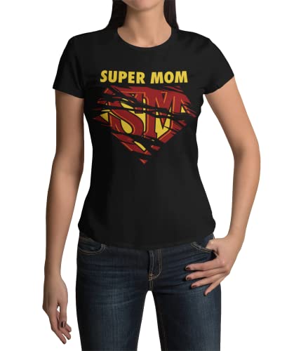 Beste Mama Frauen T-Shirt Aufdruck Super Mom die Beste Mutter der Welt Superwoman in Schwarz Black Gr. XS-3XL (Schwarz, L) von knut Fashion & Streetwear