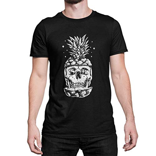 Totenkopf Herren Ananas T-Shirt Pineapple Skull Hardcore Schädel Biker Tshirt Kurzarm Oberteil für Männer Shirt aus Baumwolle Regular Fit Schwarz Weiß Blau XS-5XL (Schwarz, XL) von knut Fashion & Streetwear