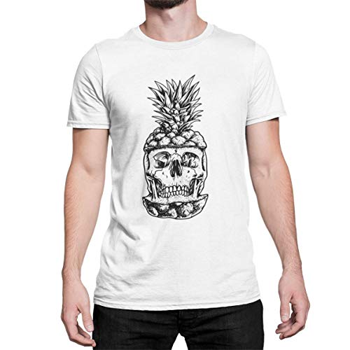 Totenkopf Herren Ananas T-Shirt Pineapple Skull Hardcore Schädel Biker Tshirt Kurzarm Oberteil für Männer Shirt aus Baumwolle Regular Fit Schwarz Weiß Blau XS-5XL (Weiß, S) von knut Fashion & Streetwear