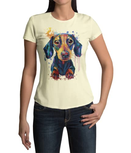 Trendig Stylisches Premium Damen T-Shirt Dackel Hund Teckel Hundefans Kurzarm Oberteil Tailliert Zwergdackel für Frauen Vintage Top aus Baumwolle Regular Fit Schwarz Weiß XS-XXL (Anis Flower, L) von knut Fashion & Streetwear