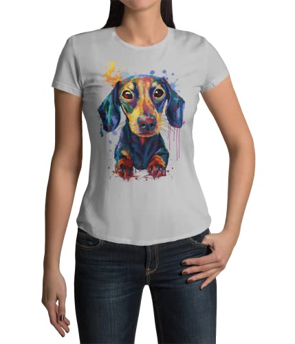 Trendig Stylisches Premium Damen T-Shirt Dackel Hund Teckel Hundefans Kurzarm Oberteil Tailliert Zwergdackel für Frauen Vintage Top aus Baumwolle Regular Fit Schwarz Weiß XS-XXL (Oxford Grey, M) von knut Fashion & Streetwear