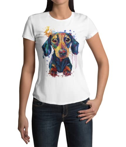 Trendig Stylisches Premium Damen T-Shirt Dackel Hund Teckel Hundefans Kurzarm Oberteil Tailliert Zwergdackel für Frauen Vintage Top aus Baumwolle Regular Fit Schwarz Weiß XS-XXL (Weiß, 3XL) von knut Fashion & Streetwear