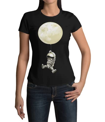 Trendiges Damen Tshirt mit Astronaut Mond Luftballon Aufdruck Frauen T-Shirt modernes Oberteil mit Planeten Motiv tailliert Shirt in Schwarz oder Pink Gr. XS-XXXL (L, Schwarz) von knut Fashion & Streetwear