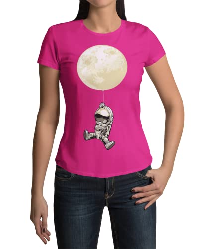 Trendiges Damen Tshirt mit Astronaut Mond Luftballon Aufdruck Frauen T-Shirt modernes Oberteil mit Planeten Motiv tailliert Shirt in Schwarz oder Pink Gr. XS-XXXL (M, Dark Pink) von knut Fashion & Streetwear