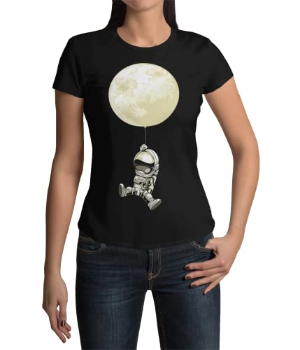 Trendiges Damen Tshirt mit Astronaut Mond Luftballon Aufdruck Frauen T-Shirt modernes Oberteil mit Planeten Motiv tailliert Shirt in Schwarz oder Pink Gr. XS-XXXL (XXL, Schwarz) von knut Fashion & Streetwear