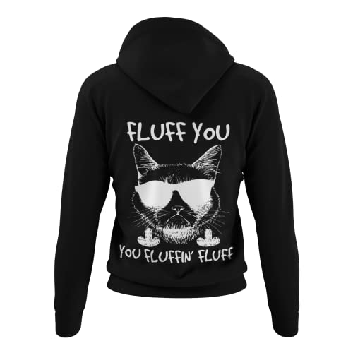 Weicher Damen Hoodie mit Druck -Fluff You Fluffin Fluff- Süßer Katzen Pullover für Tierliebhaber Frauen Kapuzensweatshirt mit Funny Cat Kitten und lustigen Spruch in den Gr. XS-XXXL (Schwarz, M) von knut Fashion & Streetwear