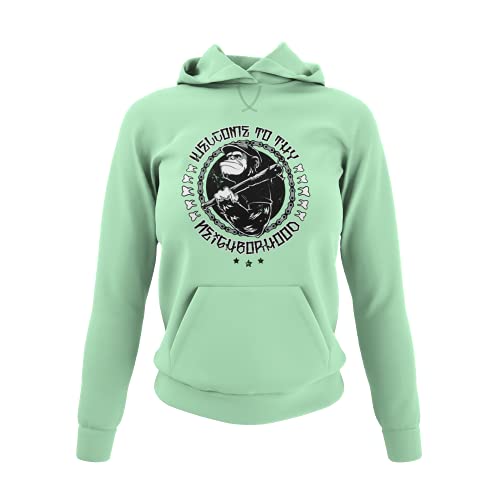 Welcome to thy Neigborhood Frauen Hoodie Affen Schädel Skull Ladyfit Punker Kapuzenpullover für Damen RocknRoll Motiv Pullover Geschenkidee Ultras Hooligan XS-3XL (Aqua Green, L) von knut Fashion & Streetwear