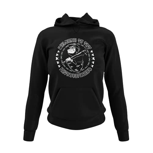 Welcome to thy Neigborhood Frauen Hoodie Affen Schädel Skull Ladyfit Punker Kapuzenpullover für Damen RocknRoll Motiv Pullover Geschenkidee Ultras Hooligan XS-3XL (Schwarz, L) von knut Fashion & Streetwear