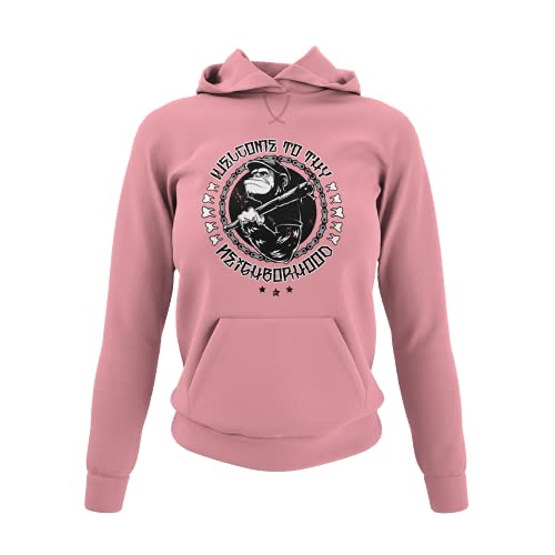 Welcome to thy Neigborhood Frauen Hoodie Affen Schädel Skull Ladyfit Punker Kapuzenpullover für Damen RocknRoll Motiv Pullover Geschenkidee Ultras Hooligan XS-3XL (Soft Rose, L) von knut Fashion & Streetwear