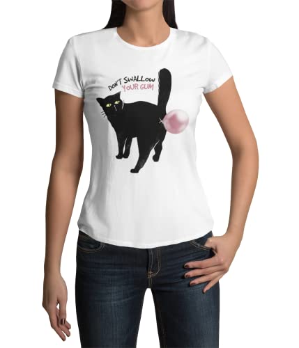 Witzige Geschenkidee für Frauen Katze Schwarzer Kater Motiv -Bubble Cat- Damen T-Shirt mit lustigen Spruch Obeteil Kätzchen für Katzenmama Regular Fit kurz Arm in Gr. XS-3XL (XS, Weiß) von knut Fashion & Streetwear