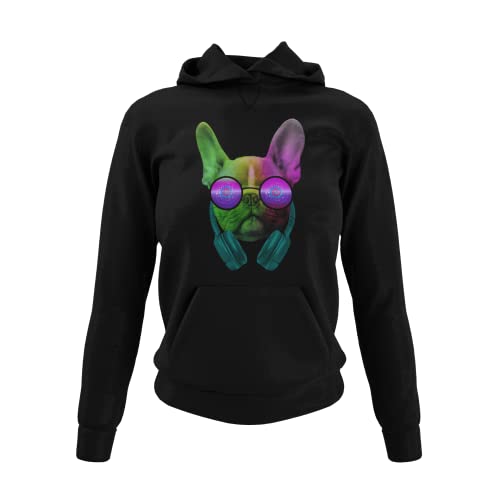 knut Fashion & Streetwear Französisch Bulldog mit Kopfhörer Damen Hoodie Kapuzen Oberteil für Frauen mit Bully Kapuzenpullover super kuschlig Regular Fit Gr. XS-XXXL von knut Fashion & Streetwear