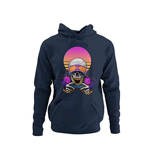 knut Fashion & Streetwear Gamer Hoodie Zocker Kapuzenpullover Unisex für Männer Motiv Totenkopf Gamer Herren Kapuzensweatshirt in Schwarz oder Navy Blau Gr. S-5XL (Navy Blau, S) von knut Fashion & Streetwear