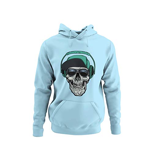 knut Fashion & Streetwear Lässiger Herren Hoodie Motiv Skull Hype Kapuze mit Kopfhörer Design in Schwarz, Grau und Sky Blue Unisex Hip Hop Gr. S-5XL (Pure Sky Blue, XL) von knut Fashion & Streetwear