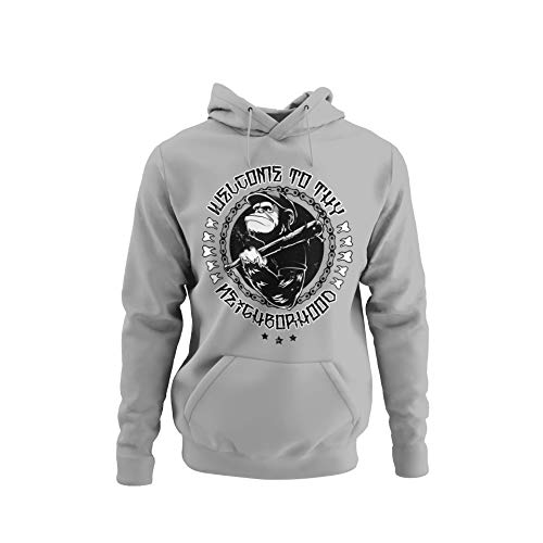 knut Fashion & Streetwear Stylischer Herren Hoodie im Punk Style Motiv Willkommen in der Nachbarschaft Kapuzenpullover in Grau Asphalt Khaki Unisex Hip Hop Red Skin AFFE Ape Gr. S-4XL (Fog Grey, L) von knut Fashion & Streetwear