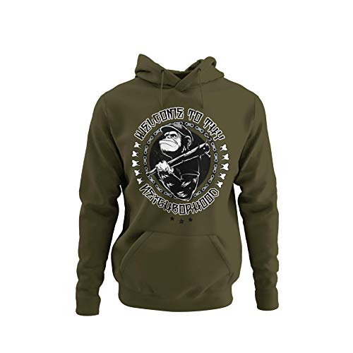 knut Fashion & Streetwear Stylischer Herren Hoodie im Punk Style Motiv Willkommen in der Nachbarschaft Kapuzenpullover in Grau Asphalt Khaki Unisex Hip Hop Red Skin AFFE Ape Gr. S-4XL (Khaki, L) von knut Fashion & Streetwear