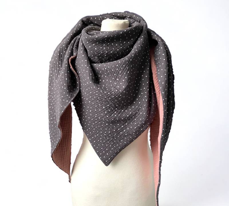 Dreieckstuch Musselin Dunkelgrau Pünktchen Altrosai Musselintuch Damen von kodanin