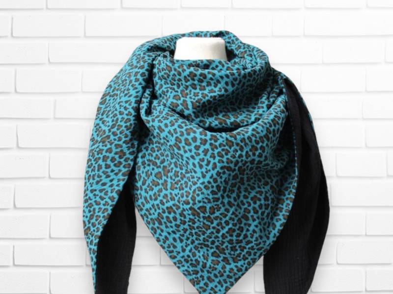Dreieckstuch Musselin Petrol Leo Print Schwarz Musselintuch Damen von kodanin