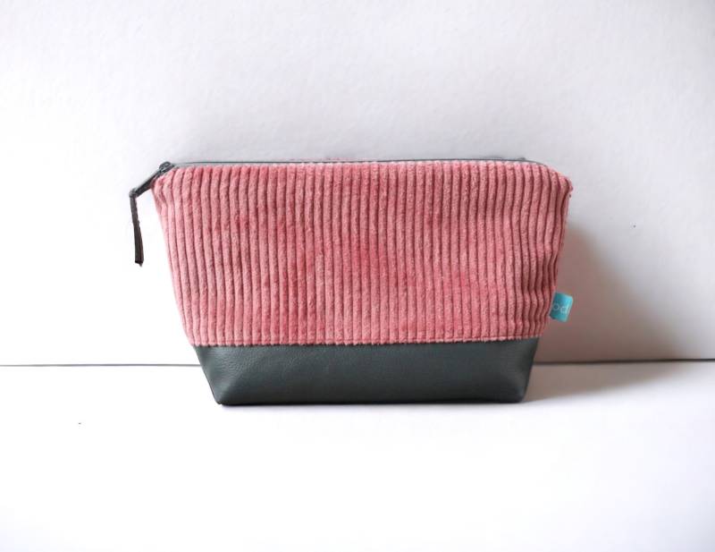 Kosmetiktasche Altrosa Breitcord Grau Kunstleder von kodanin