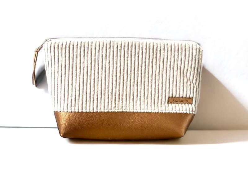 Kosmetiktasche Breitcord Beige Kunstleder Kupfer Metallic von kodanin