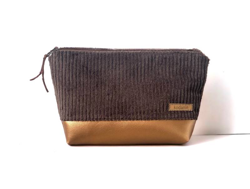 Kosmetiktasche Breitcord Dunkelbraun Braun Kunstleder Kupfer Metallic von kodanin