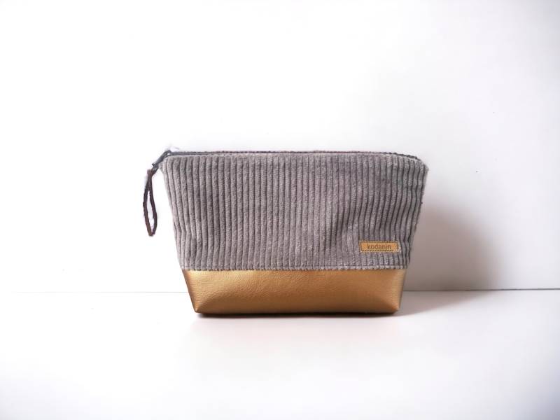 Kosmetiktasche Breitcord Grau Kunstleder Kupfer von kodanin
