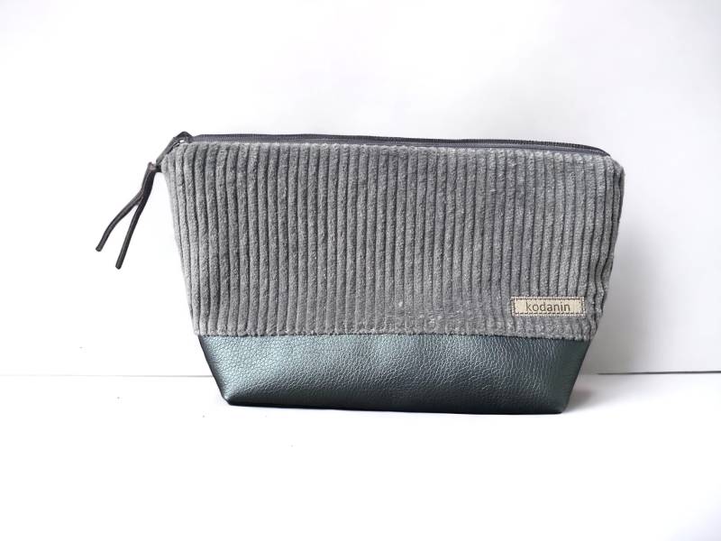 Kosmetiktasche Breitcord Grau Kunstleder Metallic von kodanin