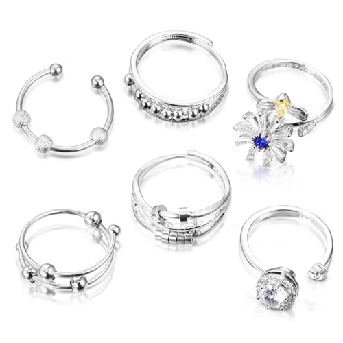 6 Stück Angst Spinning Ringe für Damen,Anti Stress Ring Silber Anxiety Ring Offener Ringe Fidget Spinner Ringe Zirkonia Zappelringe Verstellbare Stapelbare Silber Damenringe für Stress Abbauen von kodivenj