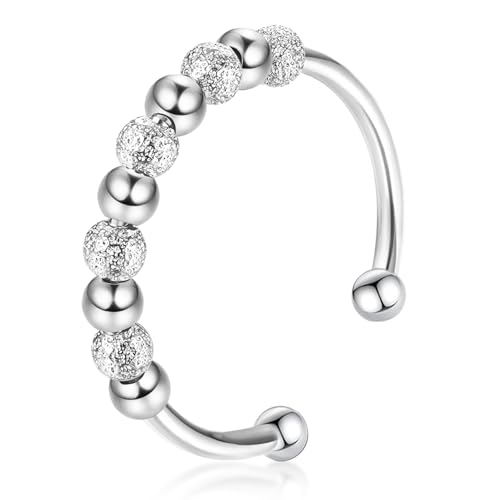 S925 Silber Anti Stress Ring Verstellbare, Anxiety Ring Silber mit Perlen, Frauen Damen Antistress Ringe Linderung von Angst Fidget Ring Offene Stressringe Angstring Schmuck für Frauen (Silber) von kodivenj