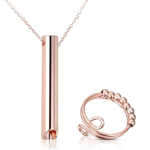 Stressabbau Halskette,Höki Halskette Gegen Angst mit Stressabbau Ringe Achtsame Atmung Halskette Stress Relief Mindful Breathing Halskette für Herren Damen Meditation Verlangsamung Atmung (Rose Gold) von kodivenj