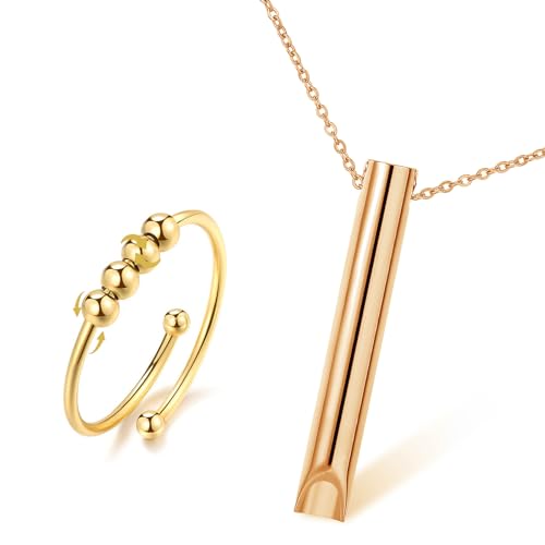 Stressabbau Halskette Höki Halskette Gegen Angst mit Stressabbau Ringe, Rauchentwöhnung Hilfsmittel Achtsame Atem Halskette für Herren Damen Meditation Verlangsamung Atmung Übungsgerät (Gold) von kodivenj