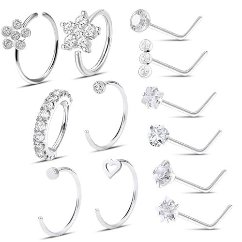 kodivenj 12 Stück Nasenpiercing,Chirurgenstahl Nasenring Piercing Set 20G L Förmiger Nasenstecker Nasenring CZ Silber Nostril Piercing Schmuck Nasenstecker mit Zirkonia für Frauen und Männer von kodivenj