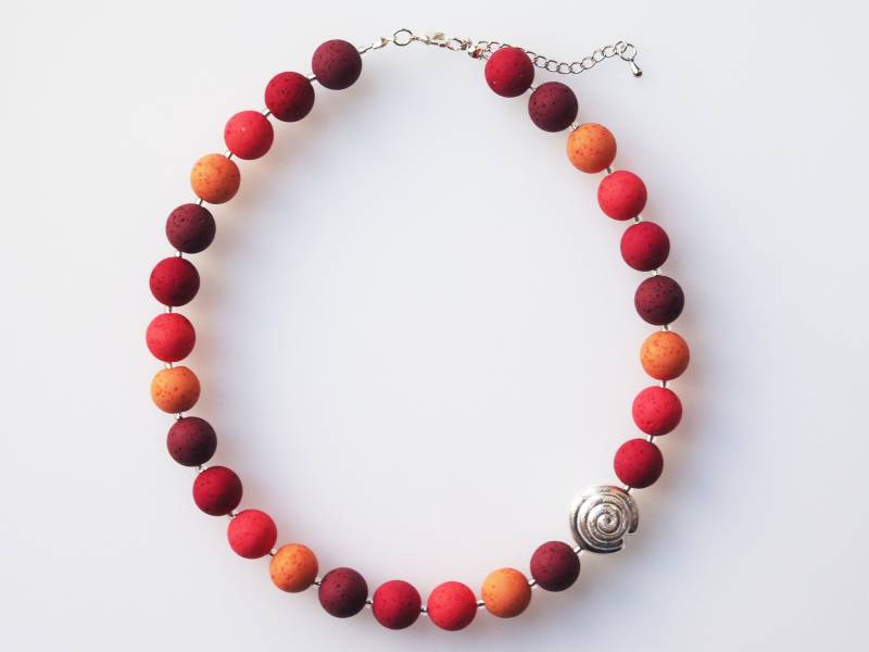 Polariskette Rot Orange Silber Kette Halskette Polaris-Kette Collier Mit Polarisperlen Im Lava Look Elegant Edel von koenigsblau