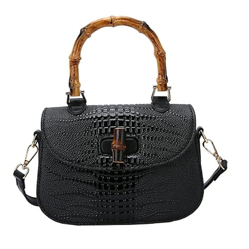 Frauen Handtasche Kunstleder Bambus Top Griff Crossbody Tasche Elegante Geldbörse Abendtasche Geschenk für Frauen Handarbeit, Schwarz von kofoviv