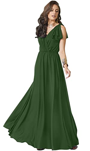 KOH KOH Langes Damen-Maxikleid mit V-Ausschnitt, Rüschen, ärmellos, Brautjungferkleid, Olivgrün, Groß von koh koh