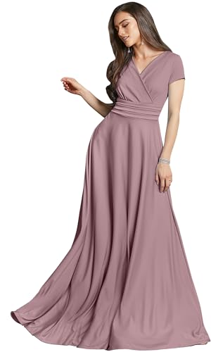 Koh Koh® Damen Elegant Maxikleid Flügelärmel Crossover Cocktail Langes Kleid, Farbe Staubig Pink, Größe M/Medium (2) von koh koh