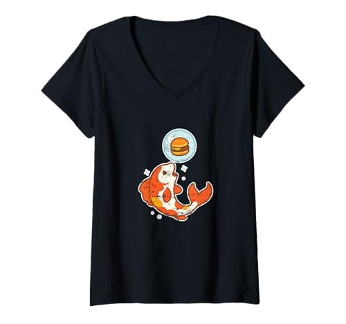 Damen Koi Burger-Traum-Zeichentrickfilm T-Shirt mit V-Ausschnitt Damen Koi Burger-Traum-Zeichentrickfilm T-Shirt mit V-Ausschnitt von koi burger fish dream pond cute foodie burger
